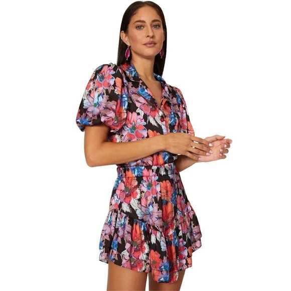 LoboRosa Floral Mini Skirt in Black Small Womens Floral Satin Tiered - Picture 1 of 12